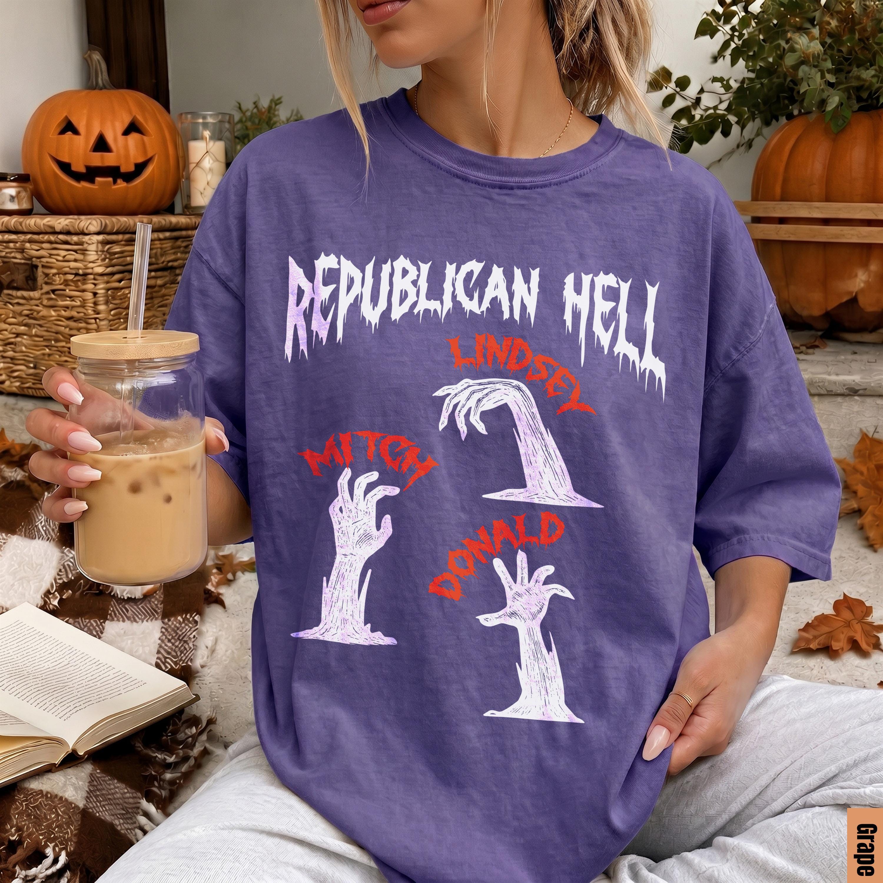 Purple t-shirt with &amp;quot;Republican Hell&amp;quot; and politician names with zombie hands.