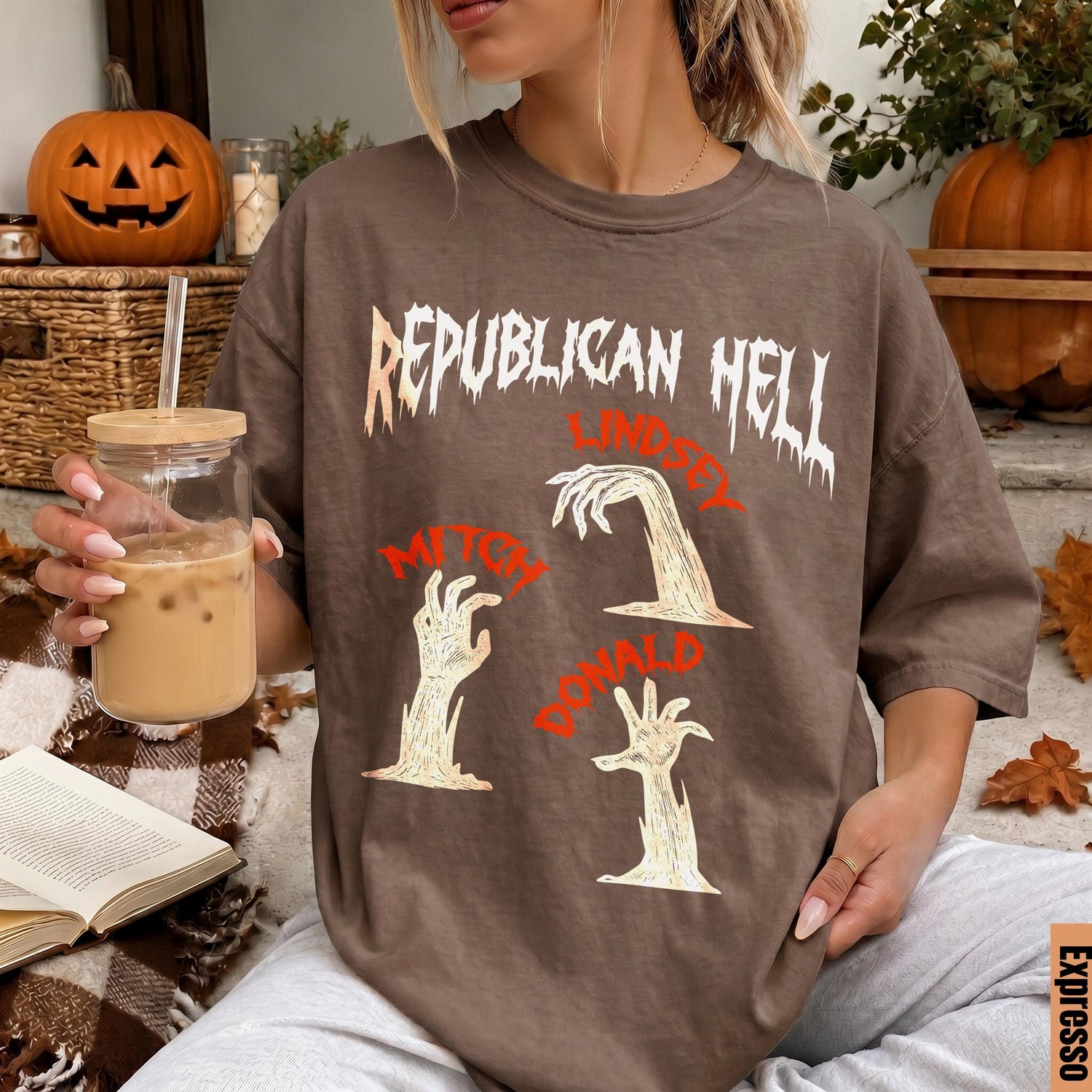 T-shirt with &amp;quot;Republican Hell&amp;quot; and cartoon hands with names Lindsey, Mitch, Donald.