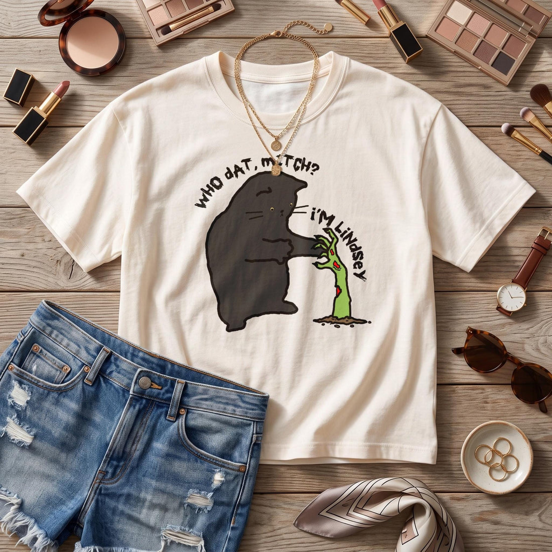Cream t-shirt with black cat and zombie hand graphic reading &amp;quot;Who dat, match? I&amp;