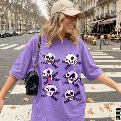 Purple t-shirt with a skull pattern and &amp;quot;Fuck Trump&amp;quot; text.
