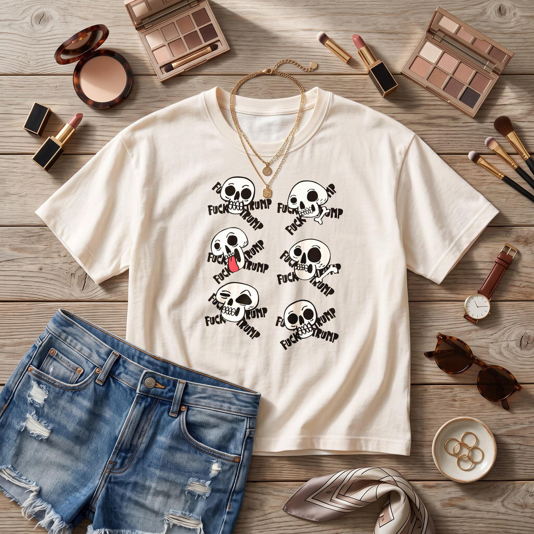 Lightweight t-shirt with &amp;quot;Fuck Trump&amp;quot; and skull graphic, styled with denim shorts.