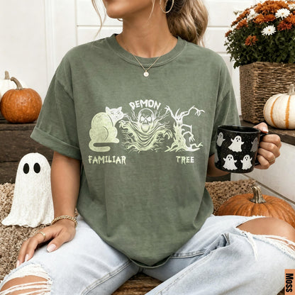 Green t-shirt with cat, demon, and tree graphic, &amp;quot;Demon Familiar Tree&amp;quot; text.