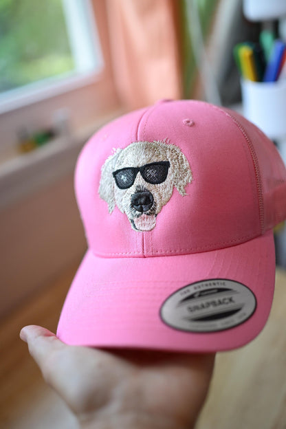 Custom Pet Portrait Trucker Hat – Hand-Drawn Embroidery, Sew-On Patch Option