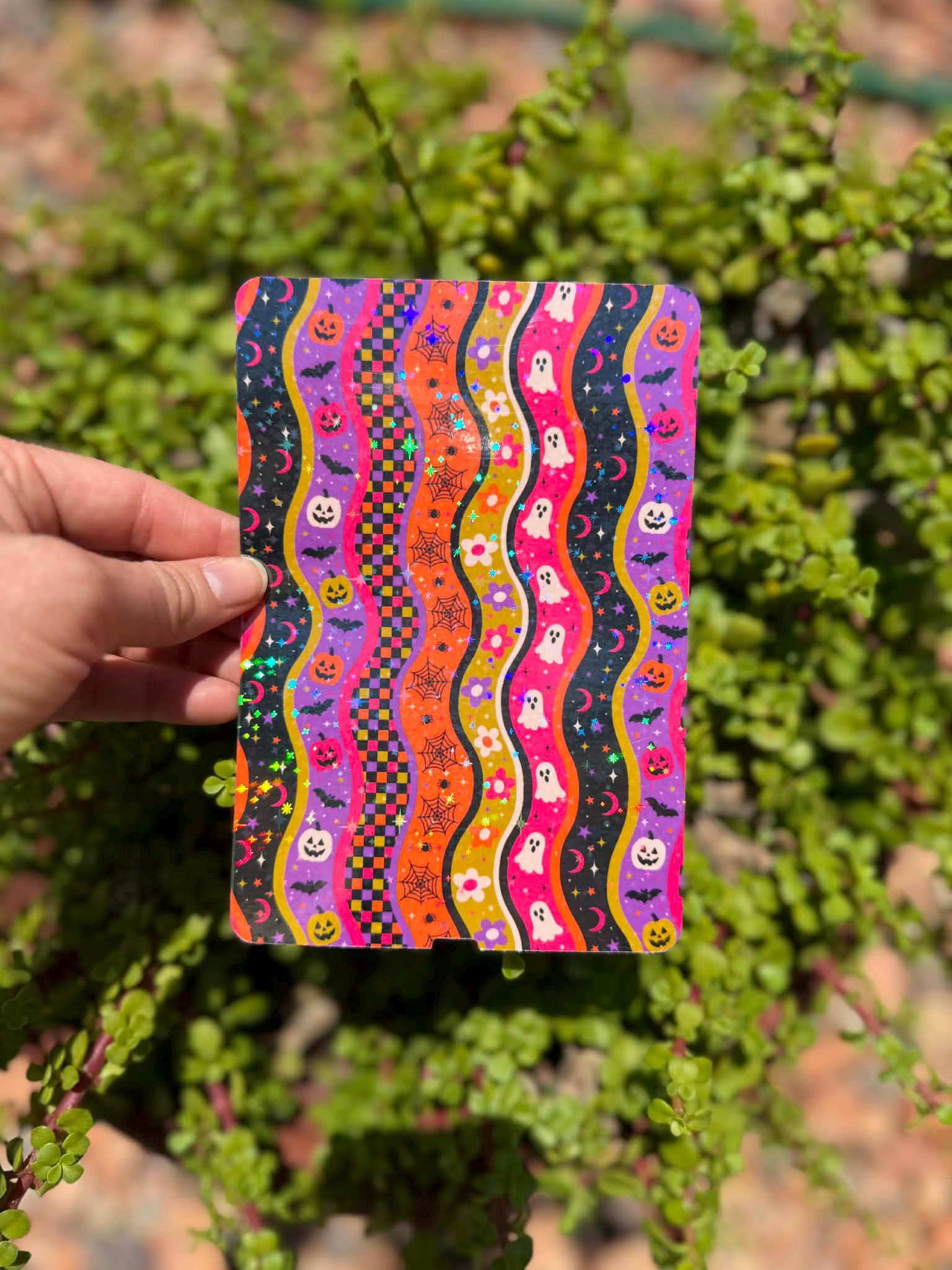 Colorful Halloween E-Reader Insert, Retro Ghosts Skulls and Spiderwebs, Spooky Bookish Accessory, Clear or Holographic Overlay