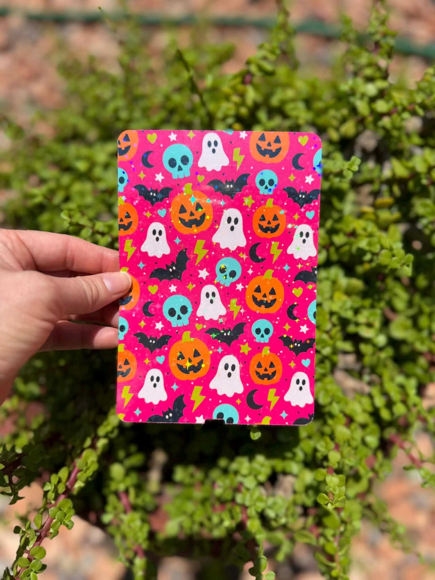 Pink Halloween E-Reader Insert, Cute Ghosts Bats and Skulls, Colorful Spooky Reader Accessory, Clear or Holographic Overlay