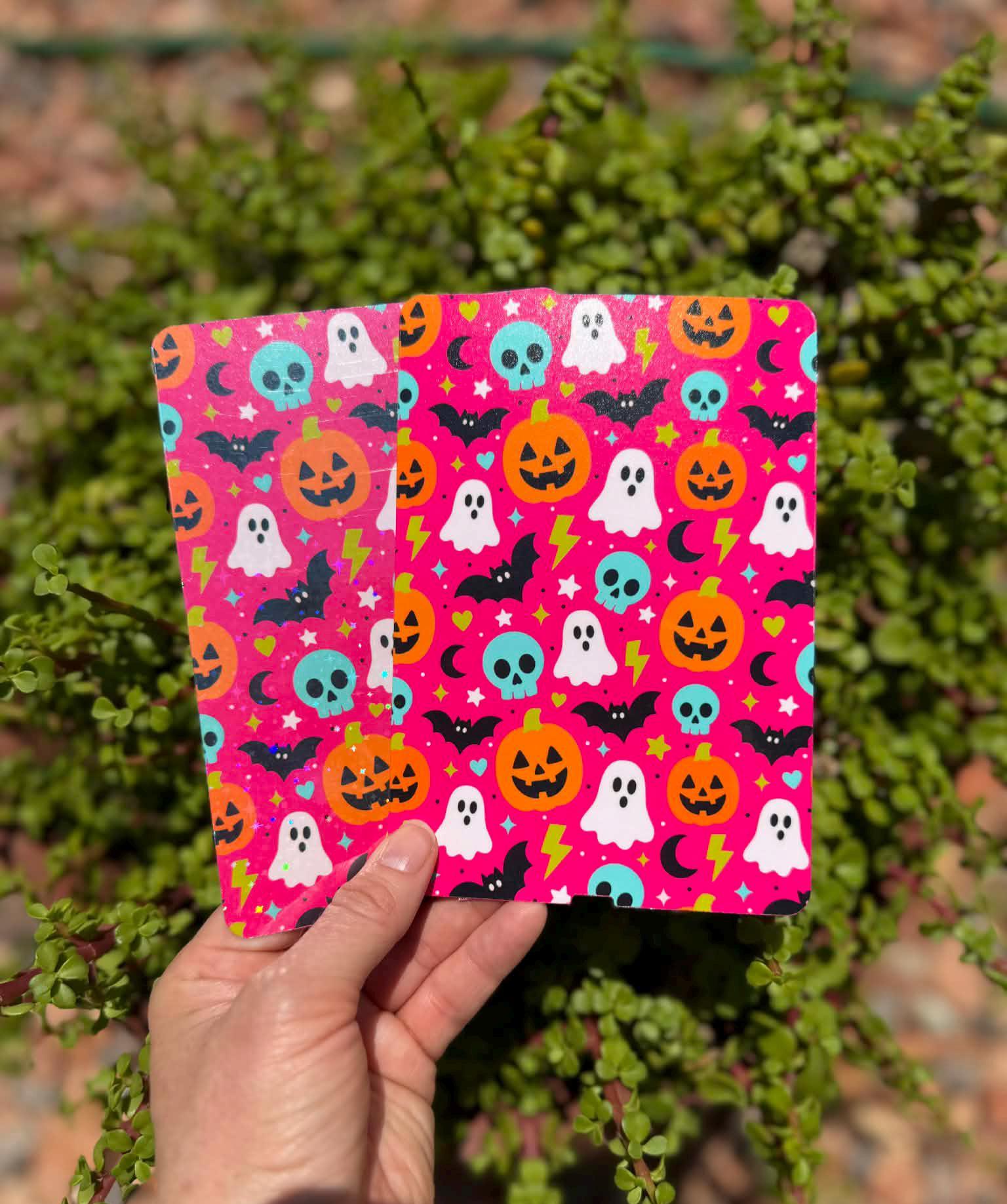 Pink Halloween E-Reader Insert, Cute Ghosts Bats and Skulls, Colorful Spooky Reader Accessory, Clear or Holographic Overlay