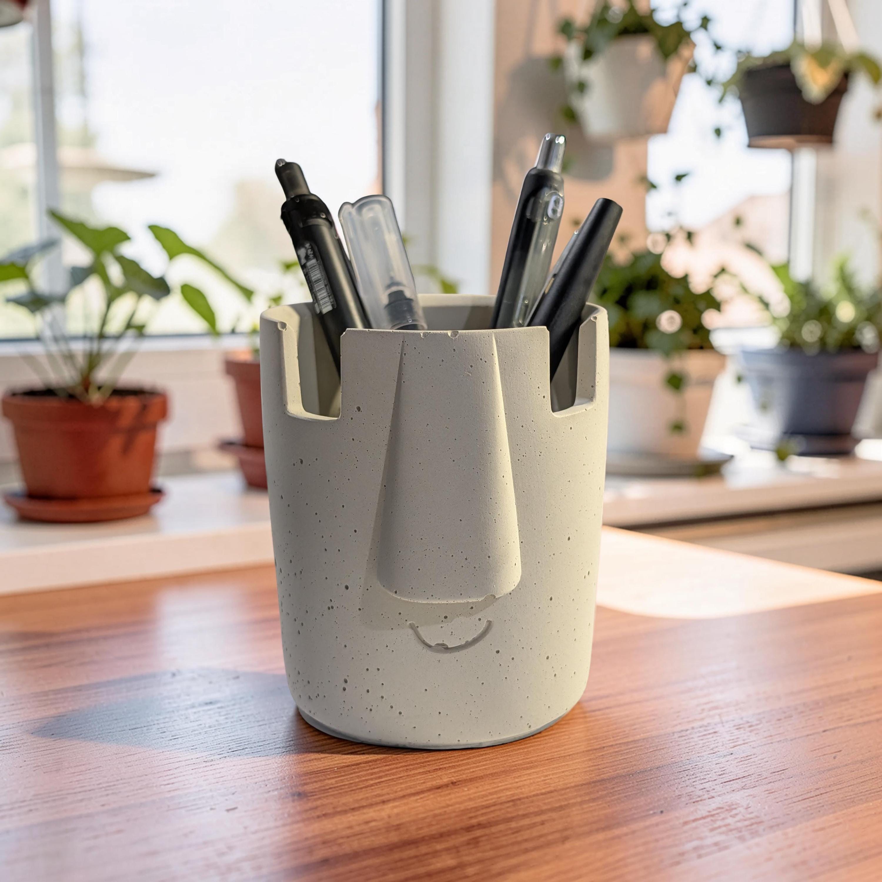 Concrete Glasses Holder &amp; Pencil Cup, Minimalist Face Glasses Stand, Unique Modern Desk Organizer, Eyeglass Stand, Cute Teacher Gift
