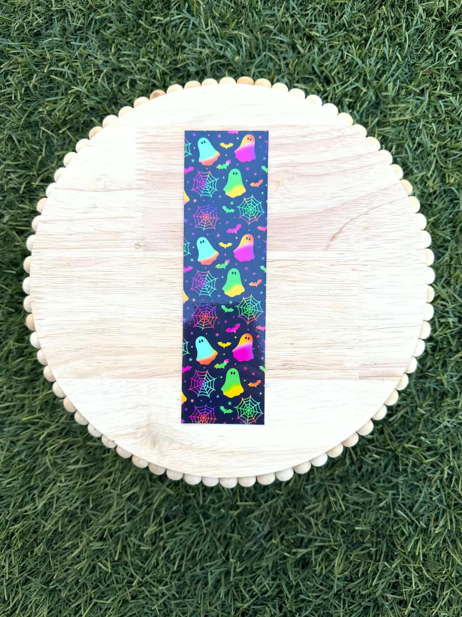 Neon Ghost Bookmark, Spooky Bats Pumpkins and Spiderwebs, Laminated 2x7 Reader Gift, Square or Rounded Corners