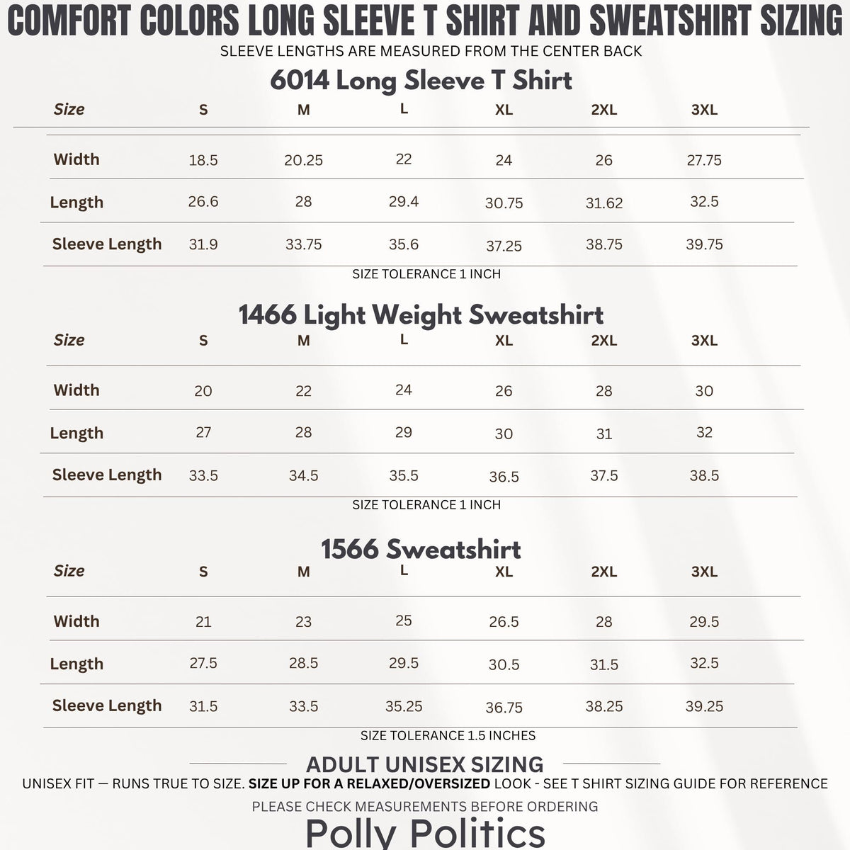 Comfort Colors sizing chart for long sleeve t-shirt and sweatshirts.