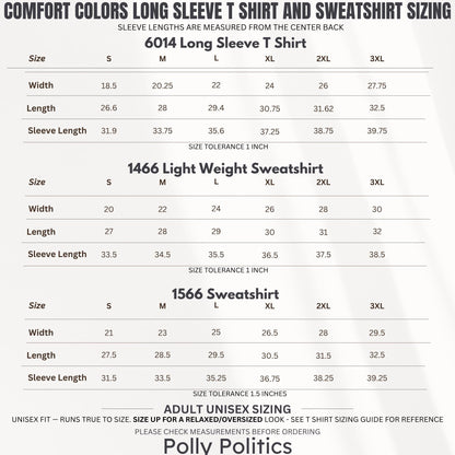 Comfort Colors sizing chart for long sleeve t-shirt and sweatshirts.