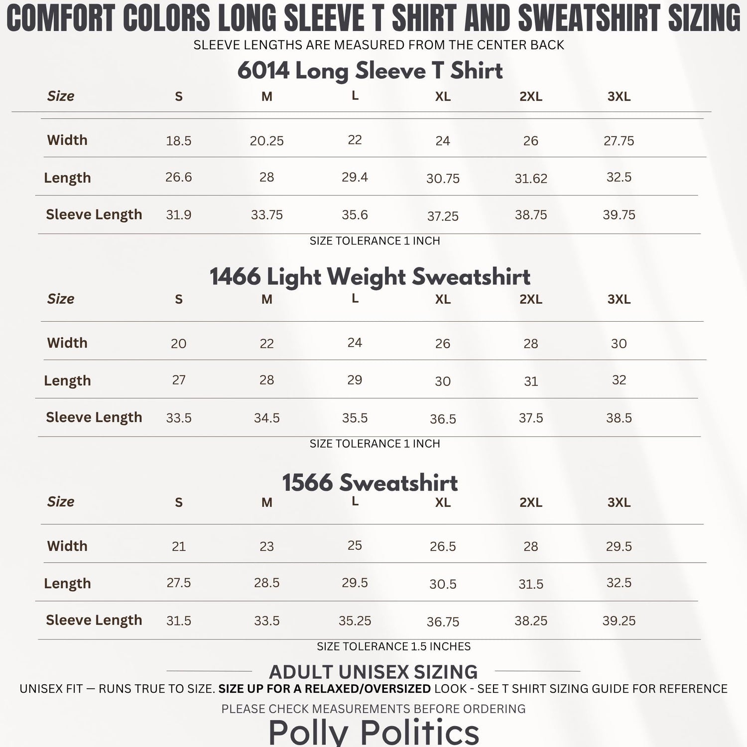 Comfort Colors sizing chart for long sleeve t-shirts and sweatshirts with width and length.