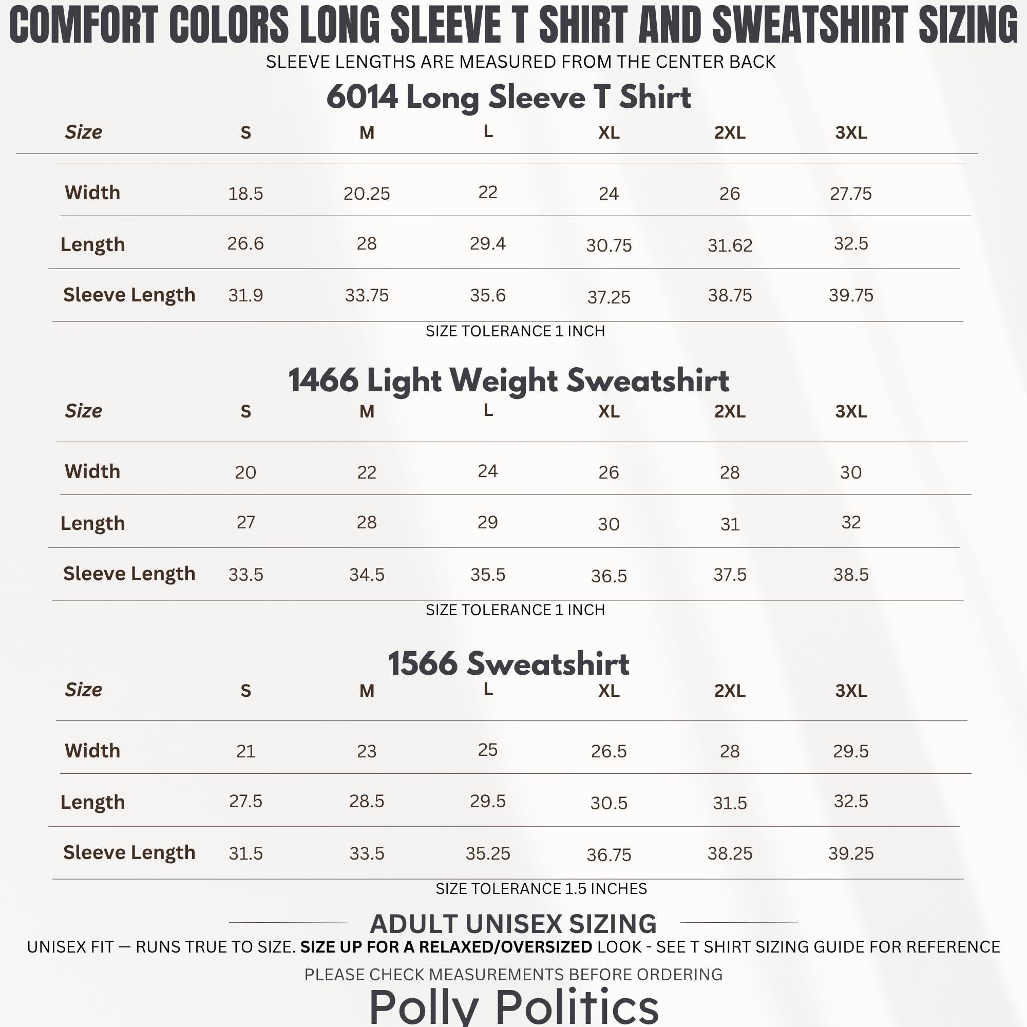Comfort Colors sizing chart for long sleeve t-shirts and sweatshirts with width and length.