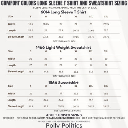 Comfort Colors sizing chart for long sleeve t-shirts and sweatshirts with width and length.