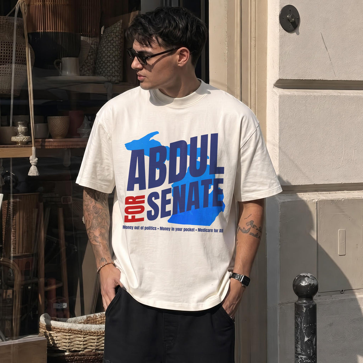 Cream t-shirt with &amp;quot;ABDUL FOR SENATE&amp;quot; and slogan &amp;quot;Money out of politics&amp;quot;