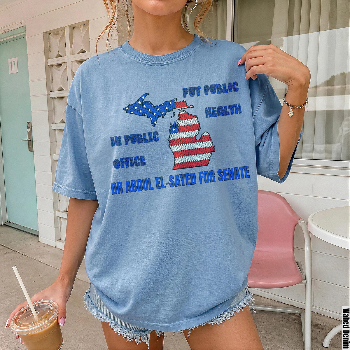 Blue t-shirt with Michigan map and &amp;quot;Put public health in public office Dr Abdul El-Sayed for Senate&amp;quot; text.