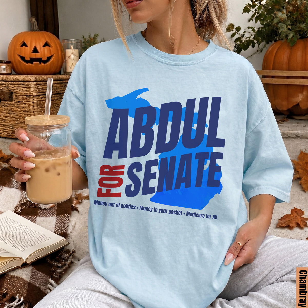 Light blue t-shirt with &amp;quot;Abdul for Senate&amp;quot; and campaign slogans.