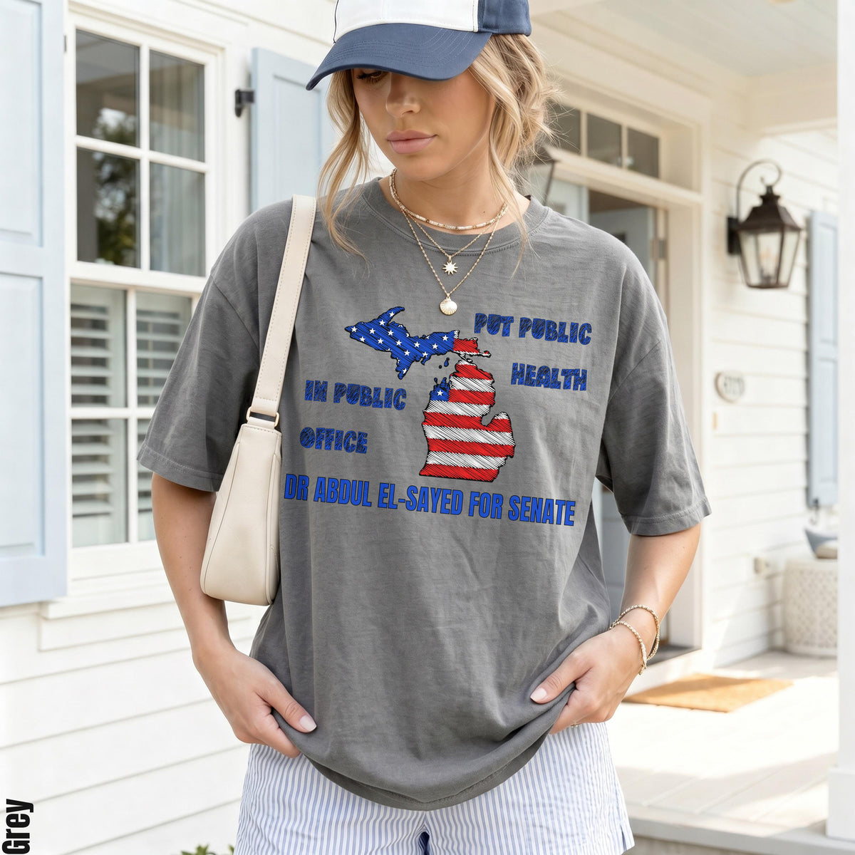 &amp;quot;Put Public Health in Public Office&amp;quot; text with Michigan map on grey t-shirt.