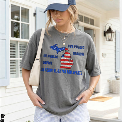 &amp;quot;Put Public Health in Public Office&amp;quot; text with Michigan map on grey t-shirt.