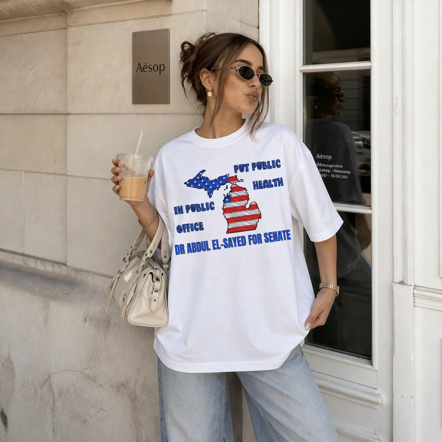 White t-shirt with Michigan map graphic: &amp;quot;Put Public Health in Public Office Dr Abdul El-Sayed for Senate&amp;quot;.