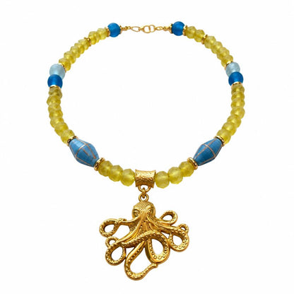 Gold Octopus Pendant Necklace, Yellow Turquoise Recycled Glass Beads, 21 Inch Statement Necklace