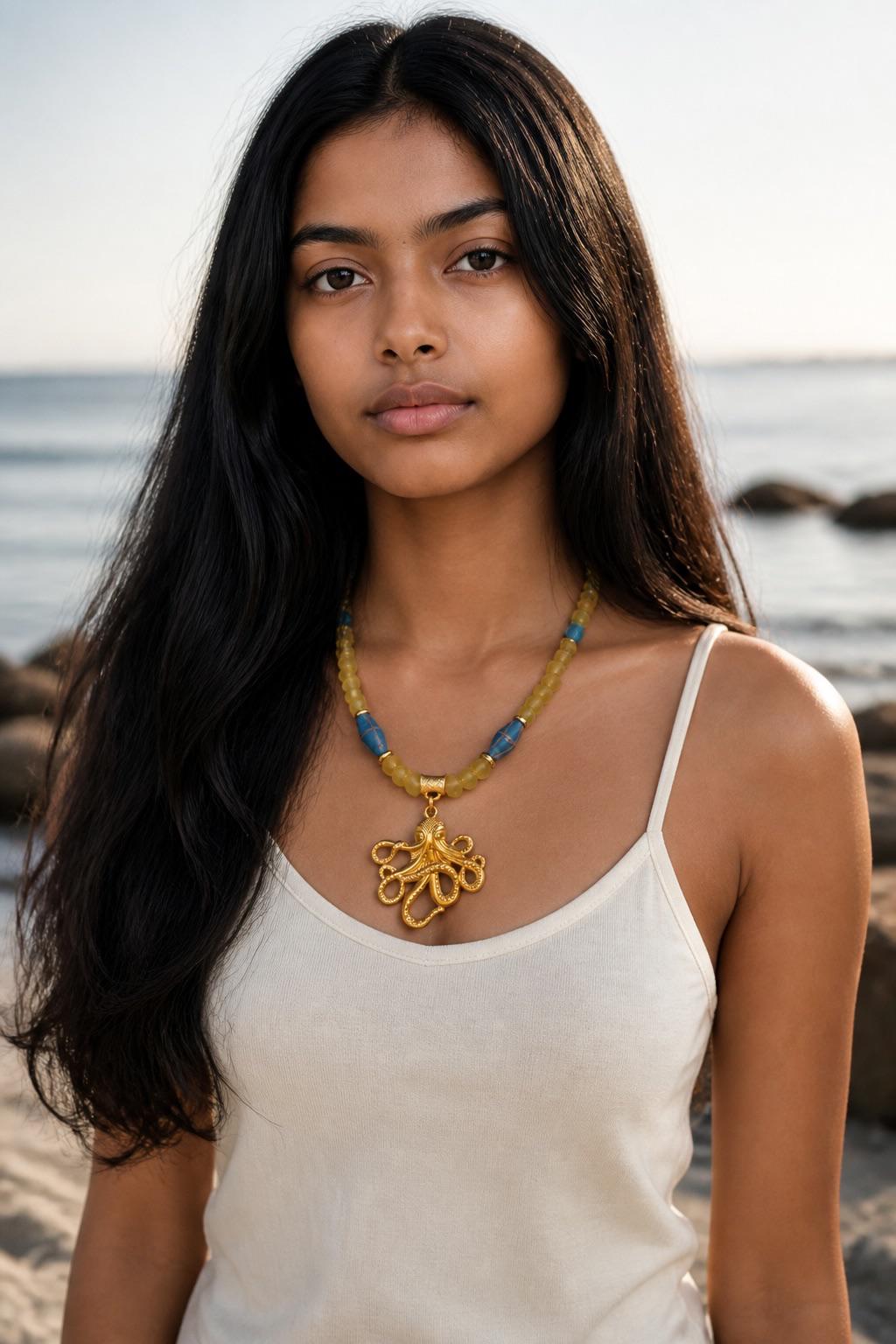 Gold Octopus Pendant Necklace, Yellow Turquoise Recycled Glass Beads, 21 Inch Statement Necklace