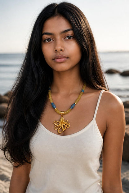 Gold Octopus Pendant Necklace, Yellow Turquoise Recycled Glass Beads, 21 Inch Statement Necklace