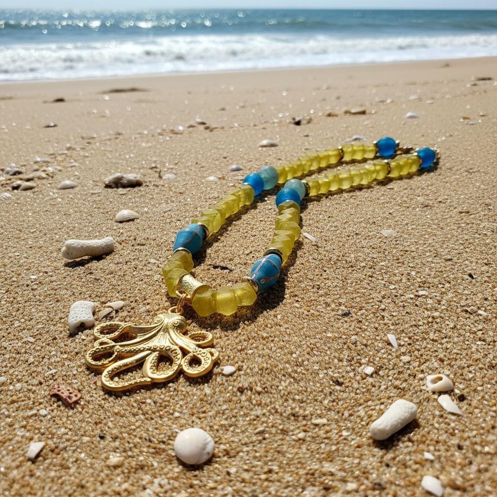 Gold Octopus Pendant Necklace, Yellow Turquoise Recycled Glass Beads, 21 Inch Statement Necklace