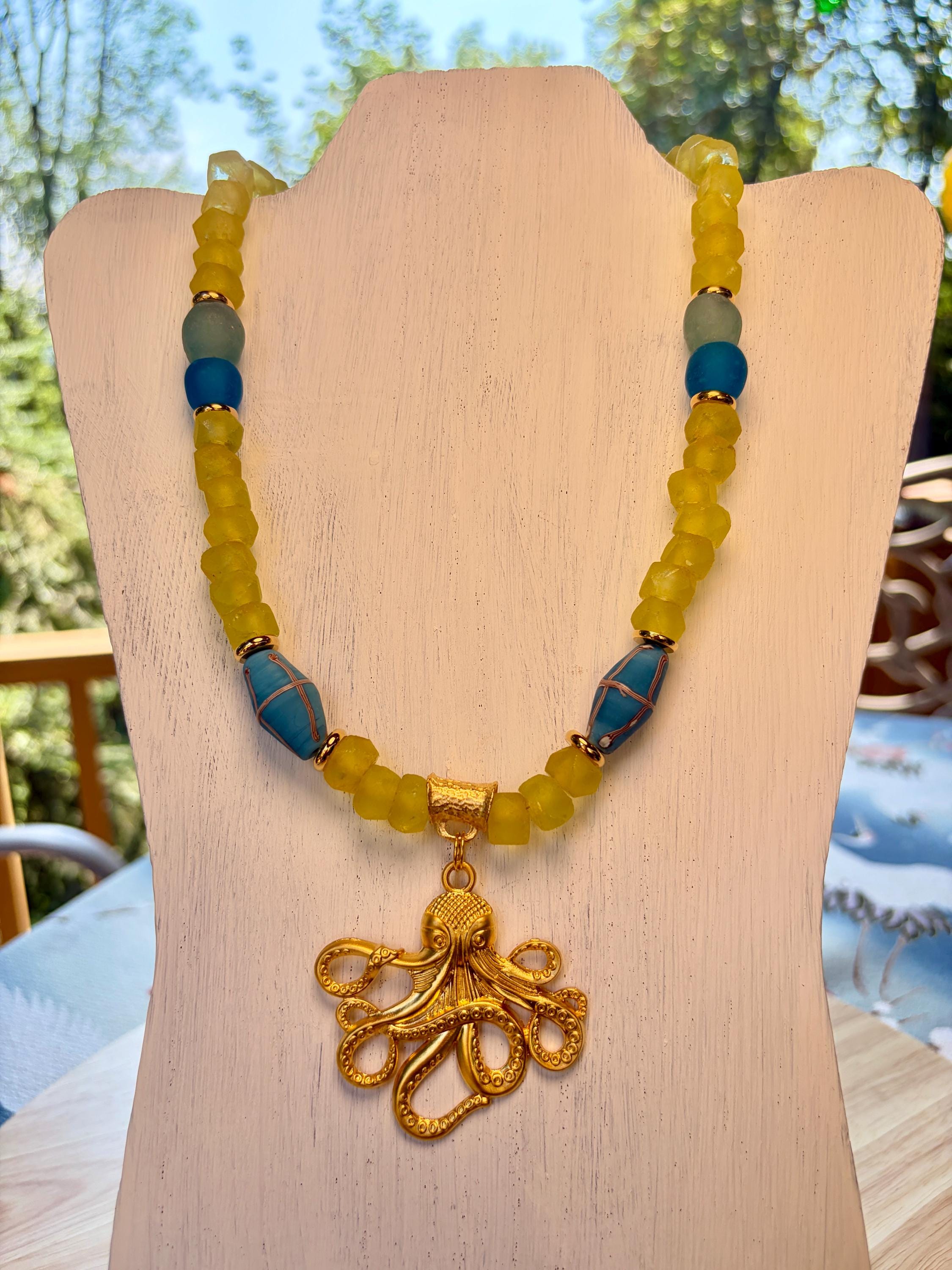 Gold Octopus Pendant Necklace, Yellow Turquoise Recycled Glass Beads, 21 Inch Statement Necklace