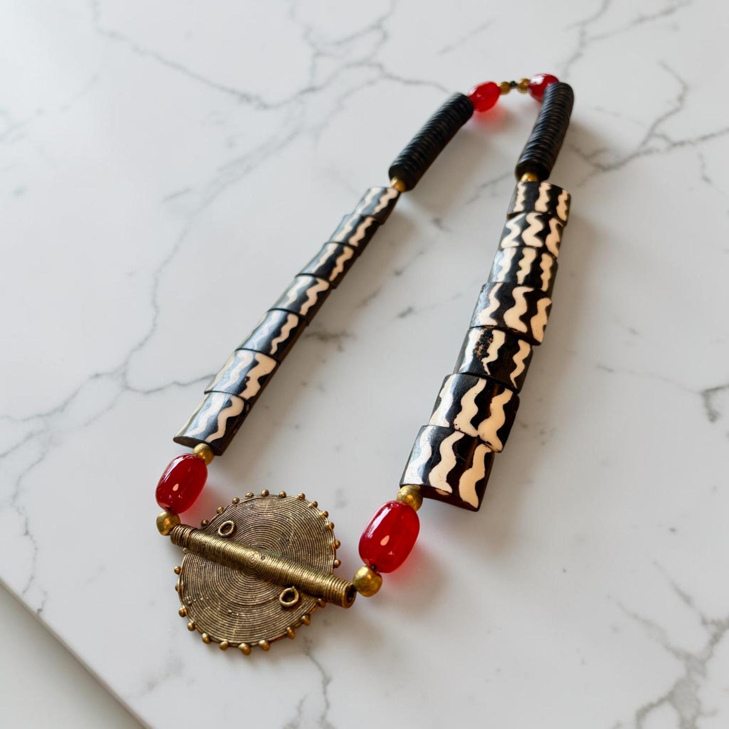 Handmade African Tribal Necklace, Batik Bone Beads, Brass Sun Pendant, 25 Inch