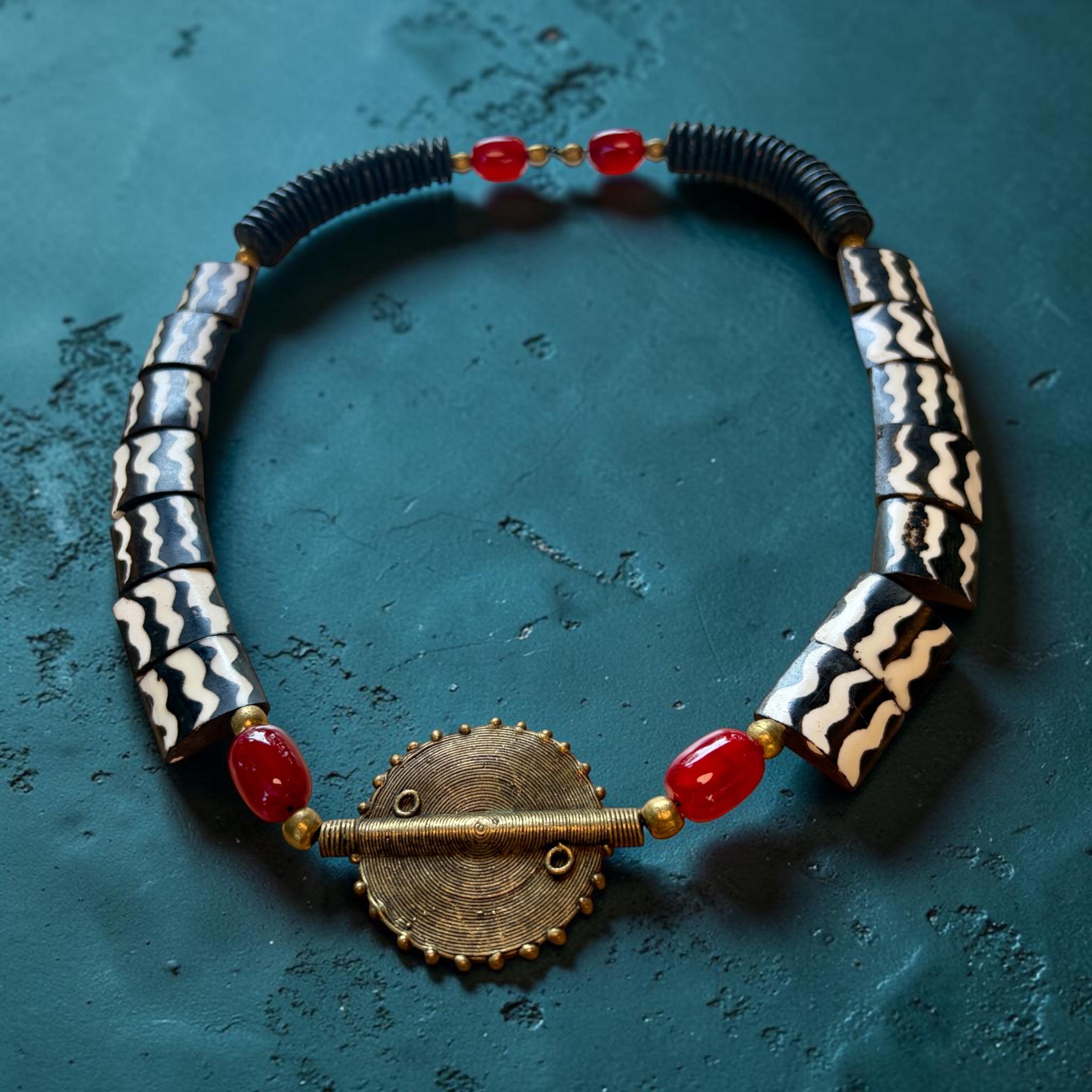 Handmade African Tribal Necklace, Batik Bone Beads, Brass Sun Pendant, 25 Inch