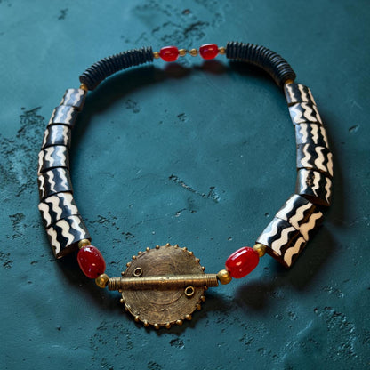 Handmade African Tribal Necklace, Batik Bone Beads, Brass Sun Pendant, 25 Inch