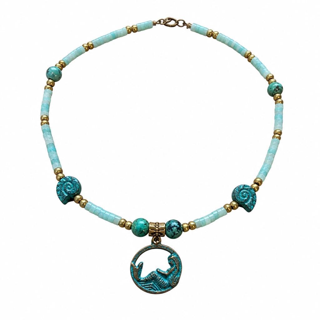 Handmade Turquoise Mermaid Pendant Necklace, Mykonos Brass Beaded, 16 Inch Beach Boho Jewelry