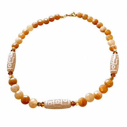 Tibetan Dzi Amulet Necklace, Topaz Jade Beaded Necklace, Neutral Boho Gemstone Jewelry, Spiritual Handmade Gift