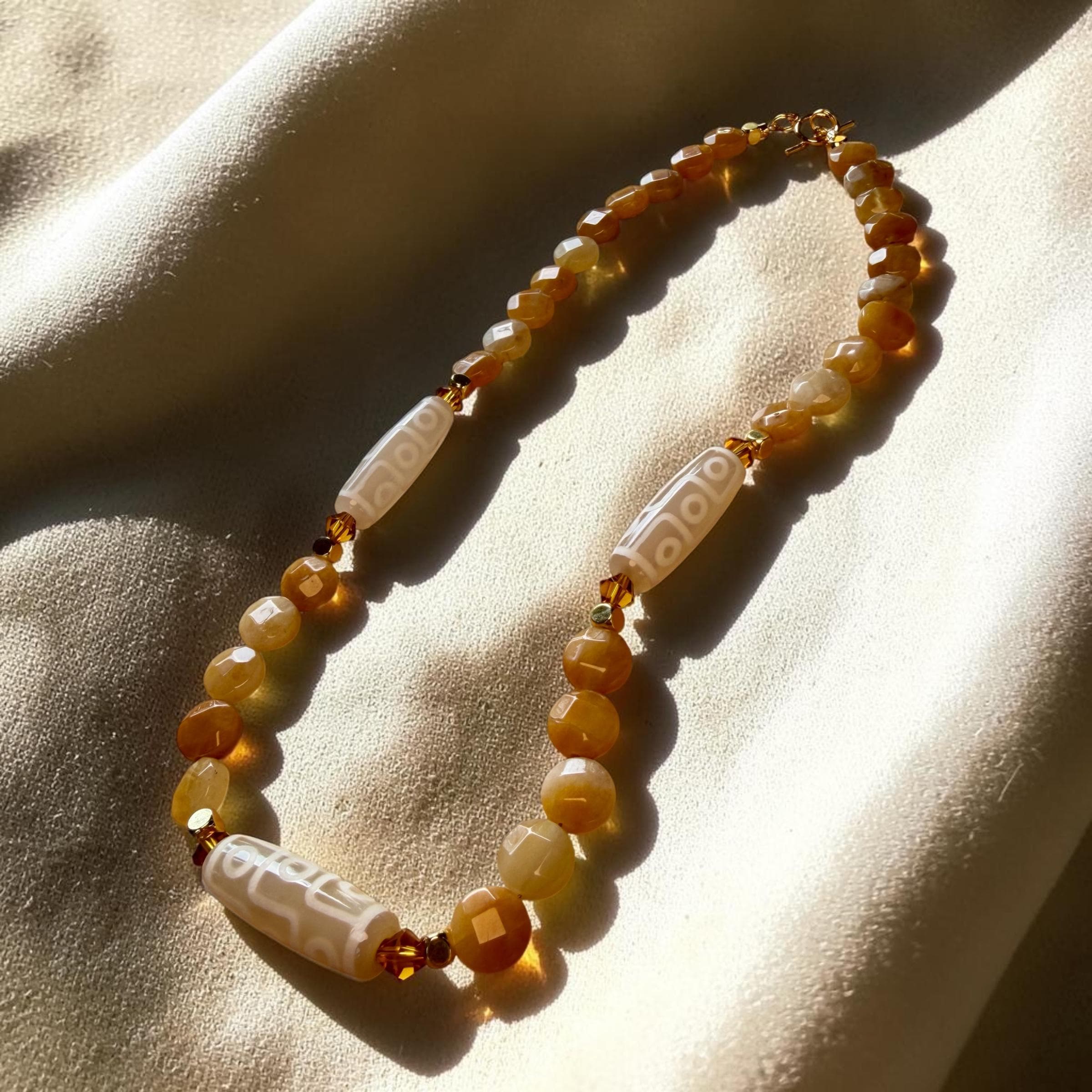 Tibetan Dzi Amulet Necklace, Topaz Jade Beaded Necklace, Neutral Boho Gemstone Jewelry, Spiritual Handmade Gift