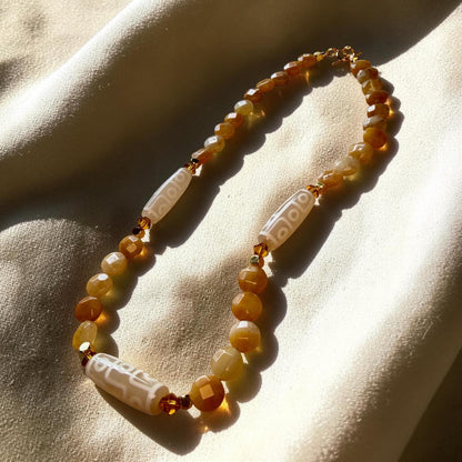 Tibetan Dzi Amulet Necklace, Topaz Jade Beaded Necklace, Neutral Boho Gemstone Jewelry, Spiritual Handmade Gift