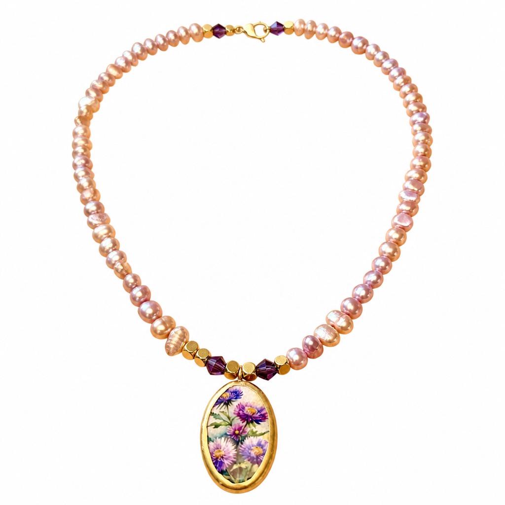 Lavender Pearl Necklace, Purple Wildflower Pendant, Handmade Beaded Boho Jewelry, Graduation Gift, Bridesmaid Necklace