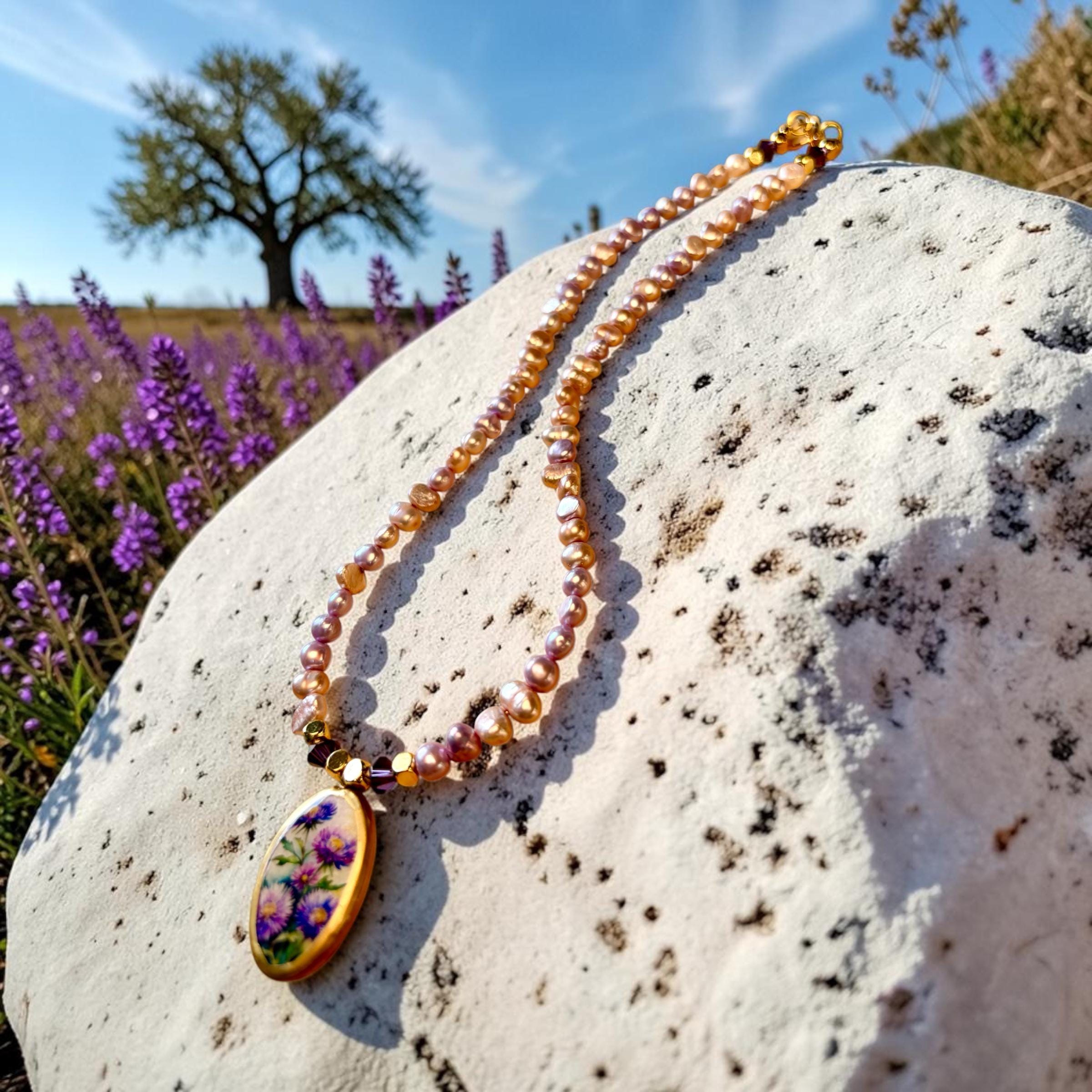 Lavender Pearl Necklace, Purple Wildflower Pendant, Handmade Beaded Boho Jewelry, Graduation Gift, Bridesmaid Necklace