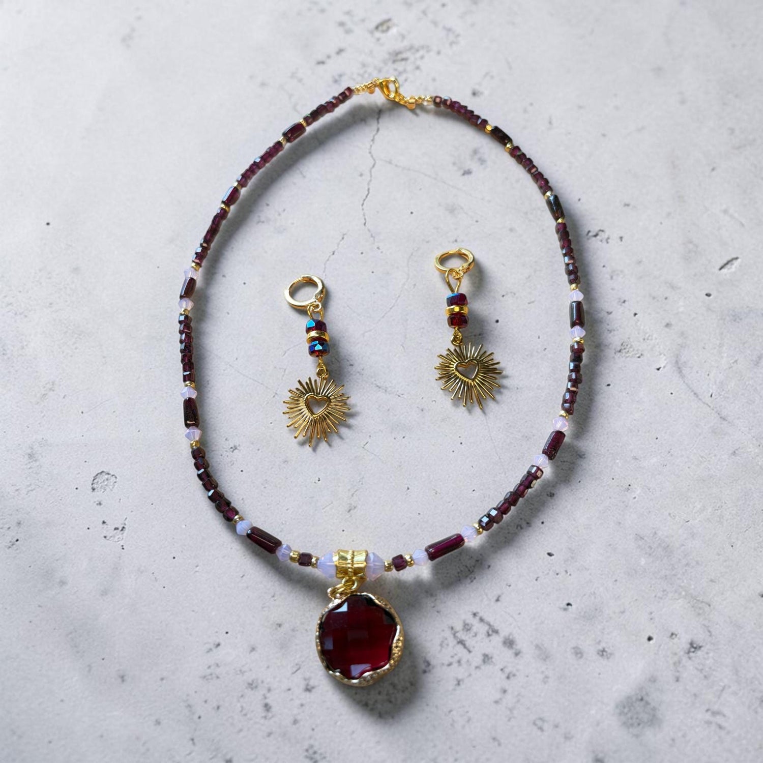 Garnet Necklace Earring Set, Deep Red Gemstone Pendant, January Birthstone Jewelry