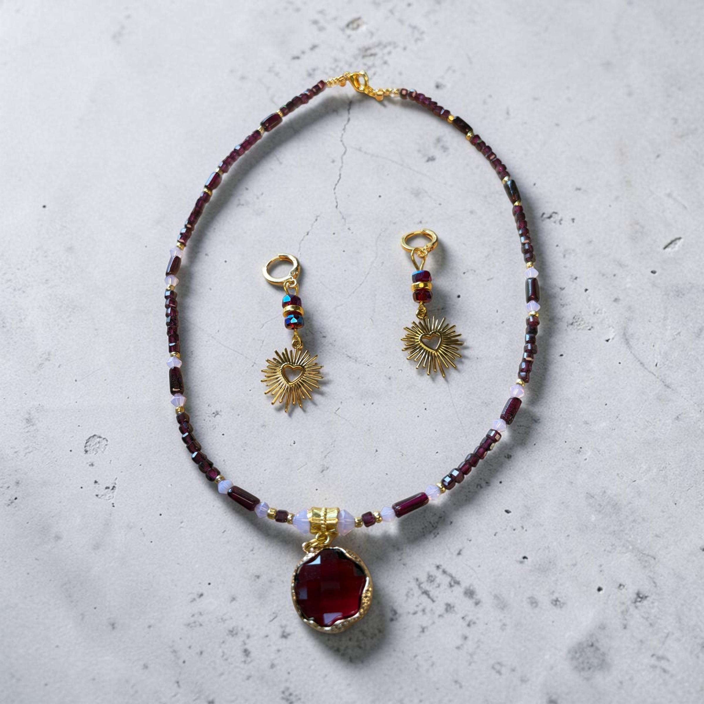 Garnet Necklace Earring Set, Deep Red Gemstone Pendant, January Birthstone Jewelry