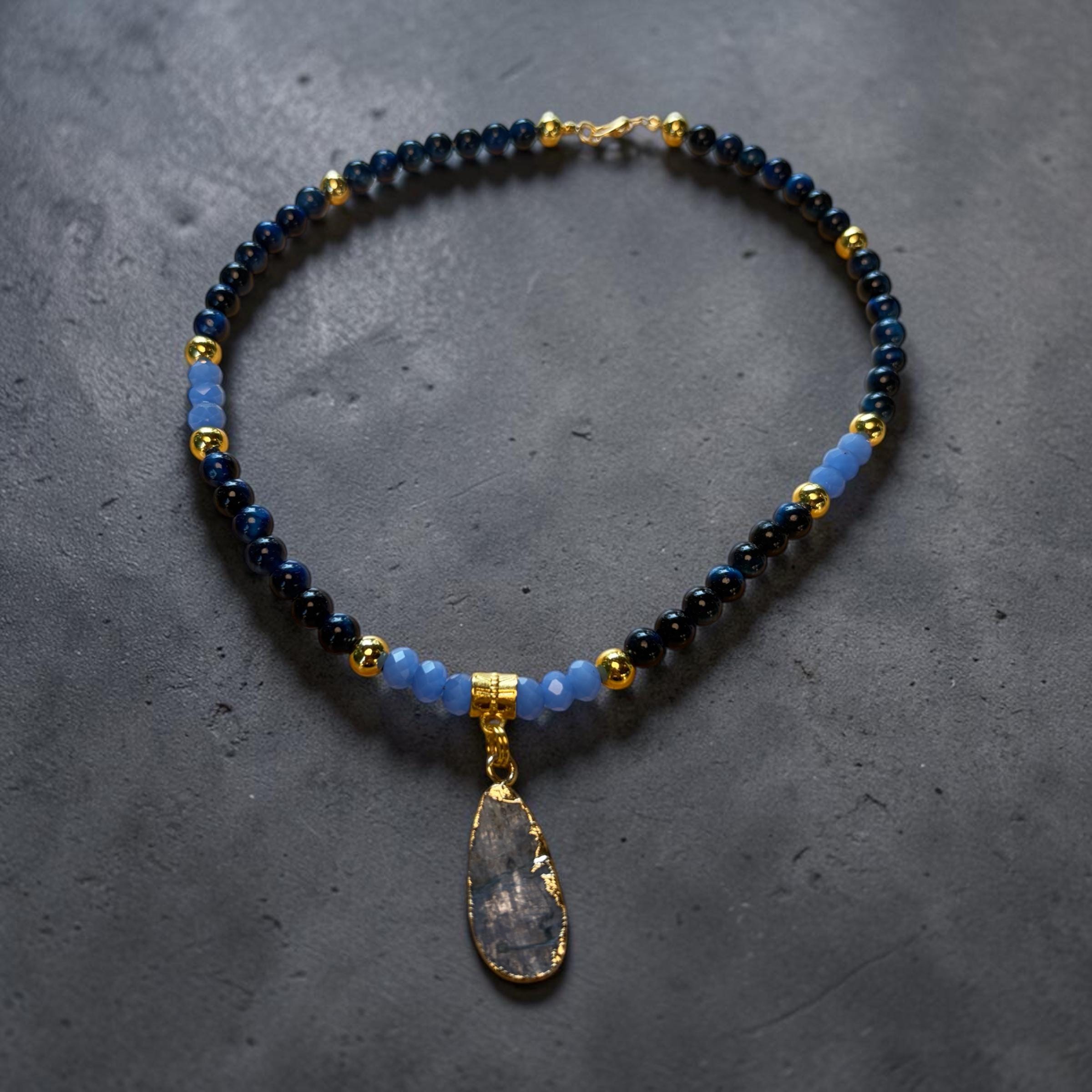 Blue Kyanite Pendant Necklace, Lapis Tiger Eye Beaded Choker, Gold Accents (15 Inch)