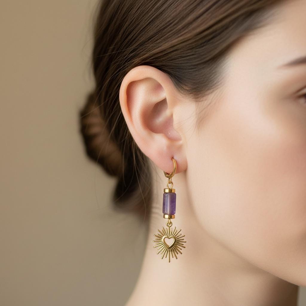 Lapis Lazuli Amethyst Lotus Pendant Necklace and Earring Set, Boho Gemstone Jewelry