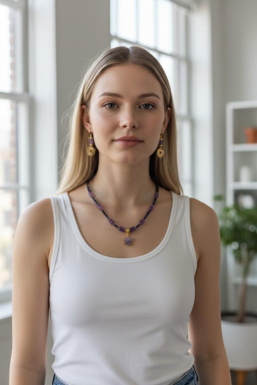 Lapis Lazuli Amethyst Lotus Pendant Necklace and Earring Set, Boho Gemstone Jewelry
