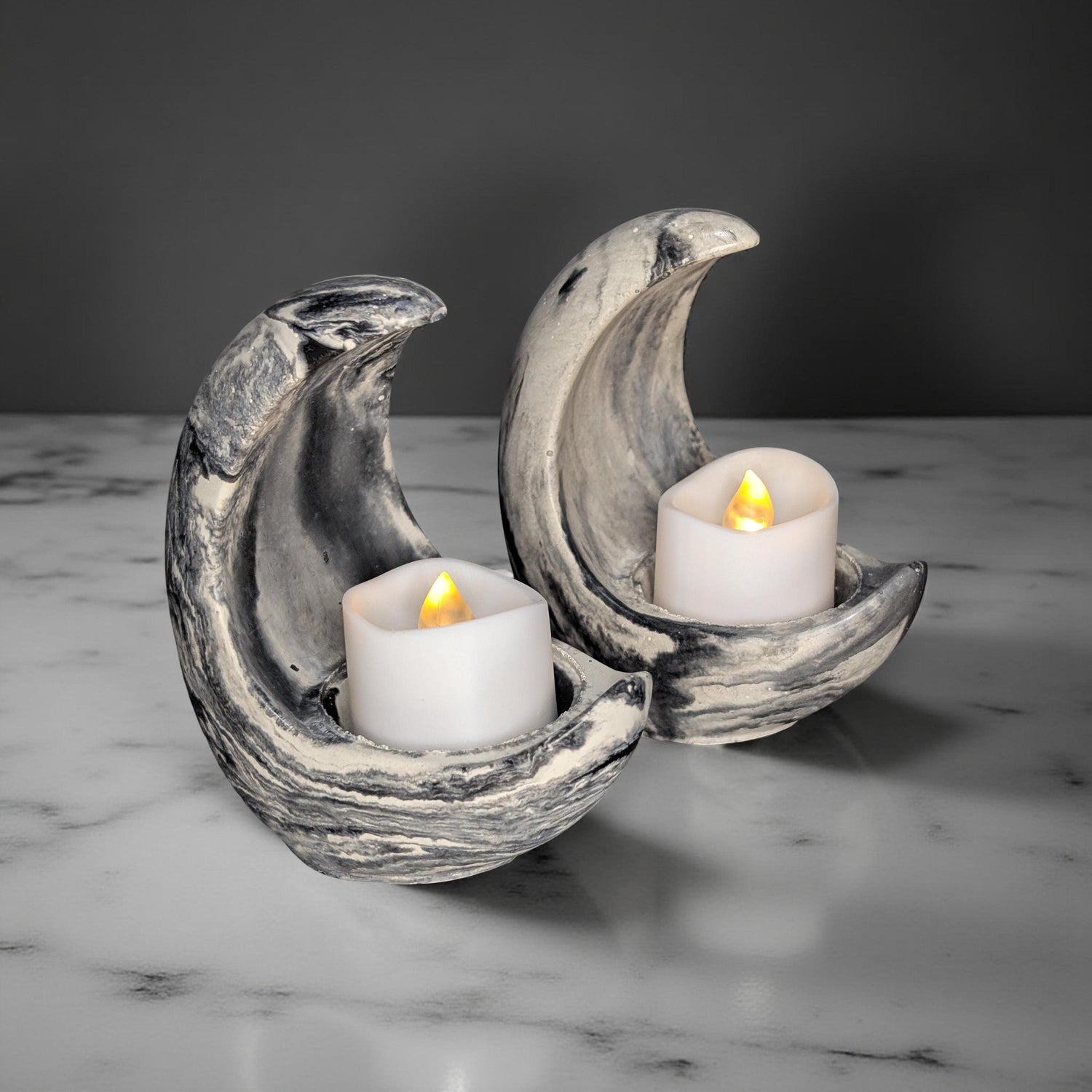 Concrete Crescent Moon Tea Light Holder Set of 2 - Minimalist Modern Candle Holder, Celestial Home Decor, Marble or Natural Gray Accent