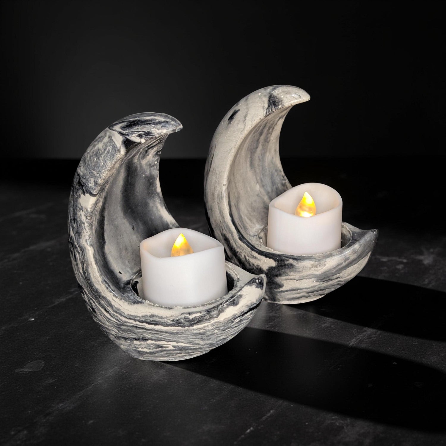 Concrete Crescent Moon Tea Light Holder Set of 2 - Minimalist Modern Candle Holder, Celestial Home Decor, Marble or Natural Gray Accent
