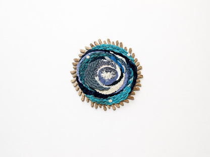 Blue with White Daisies circle woven wall hanging, weaving, home decor, fiber art, boho, colorful