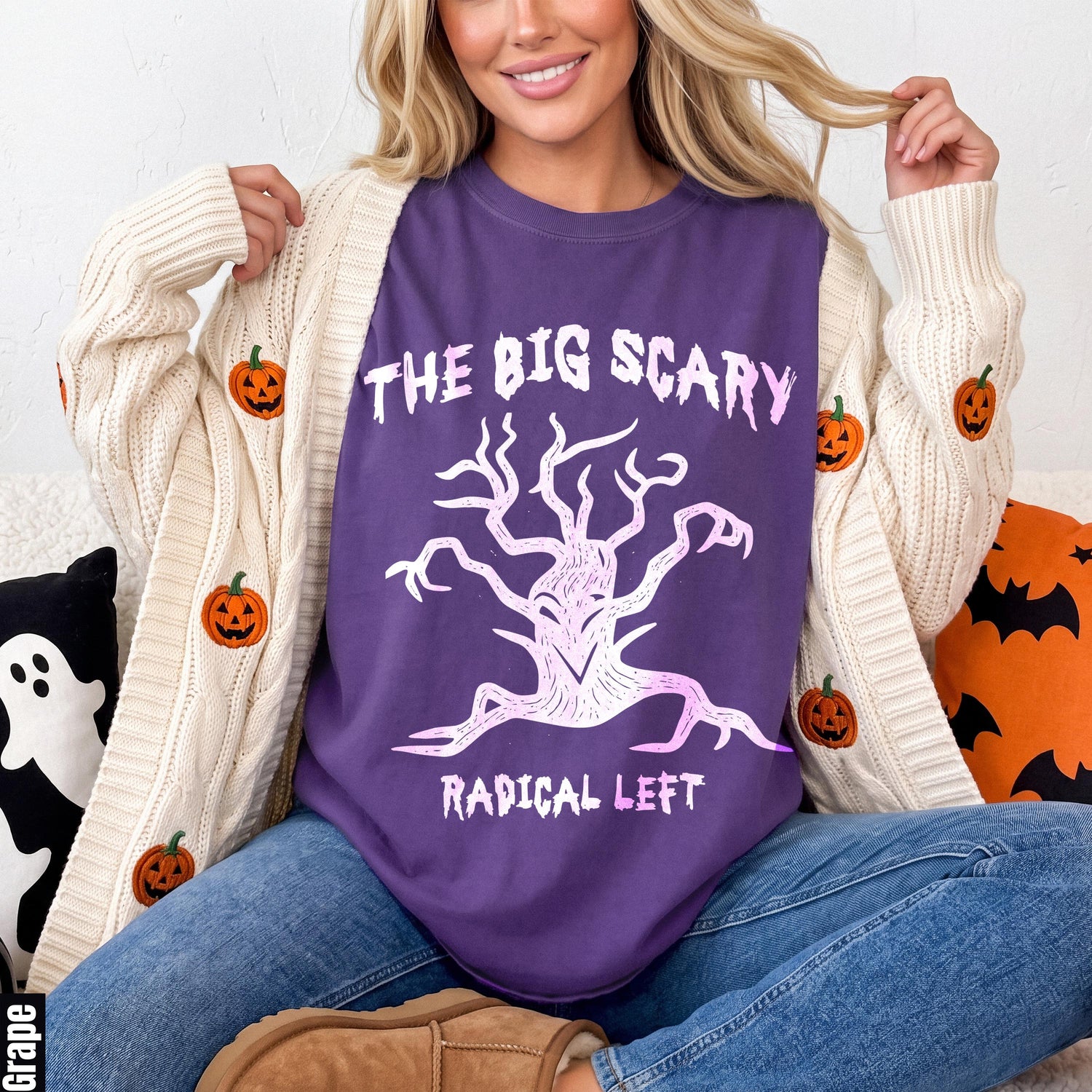 Purple t-shirt with &amp;quot;The Big Scary Radical Left&amp;quot; text and a tree graphic.