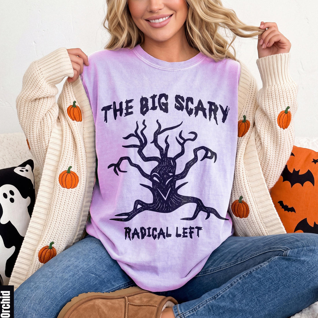 Purple t-shirt with &amp;quot;THE BIG SCARY RADICAL LEFT&amp;quot; text and a spooky tree graphic.