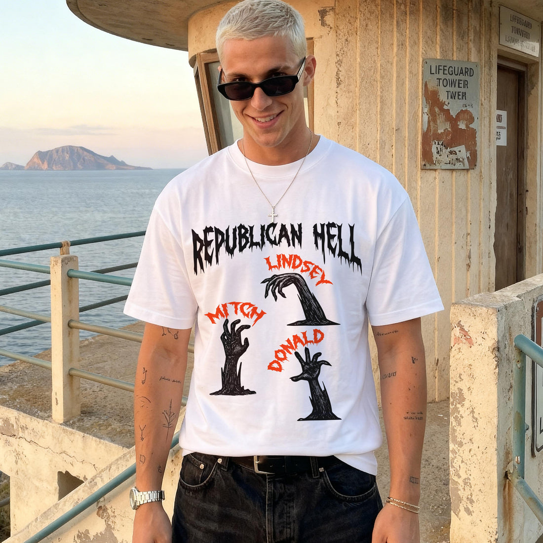 T-shirt with &amp;quot;Republican Hell&amp;quot; text and zombie hands for Lindsey, Mitch, and Donald.