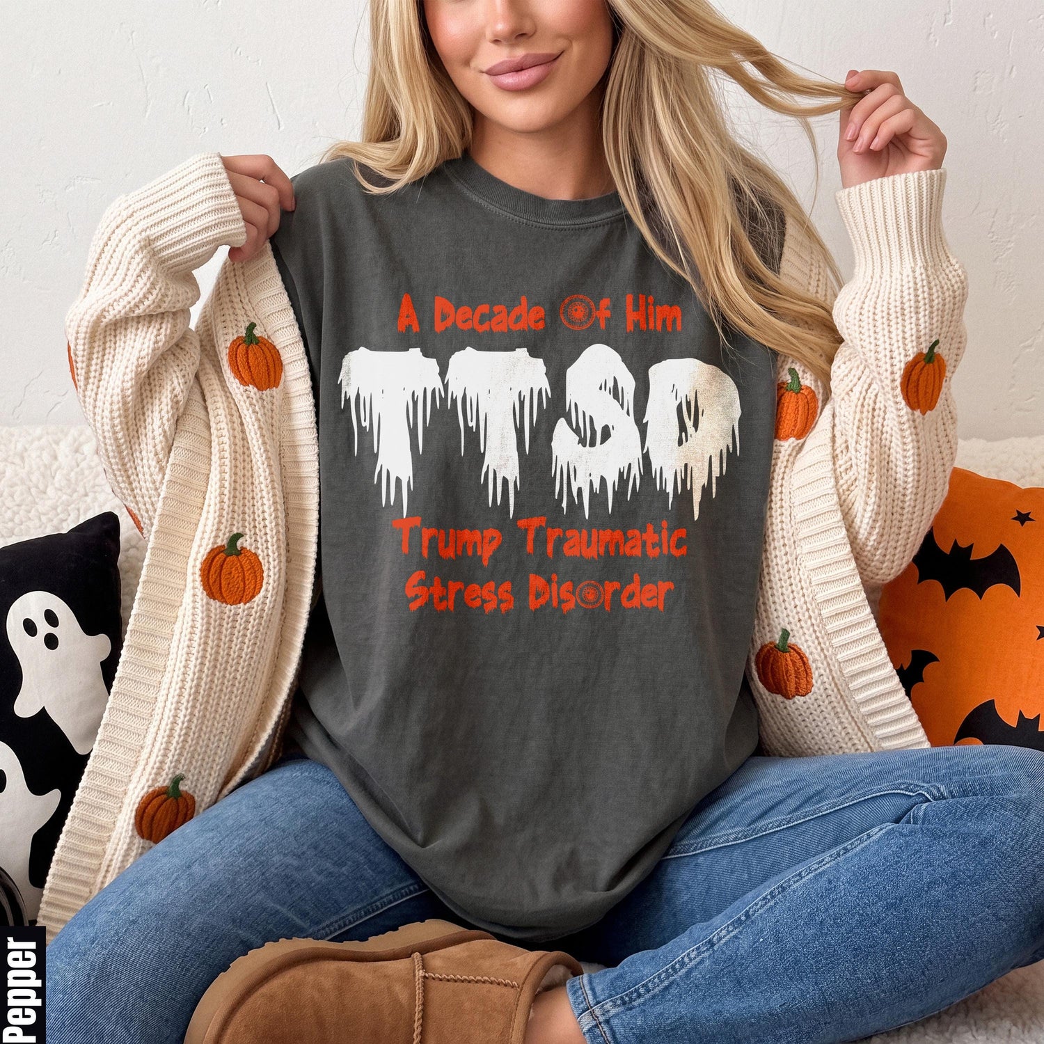 Dark gray t-shirt with &amp;quot;TTSD Trump Traumatic Stress Disorder&amp;quot; text in orange.