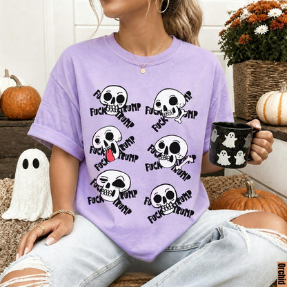 Purple t-shirt with repeating skull graphic and &amp;quot;fuck trump&amp;quot; text.